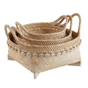 NEW Rattan Cowrie Shell Baskets with Handles Set of 3